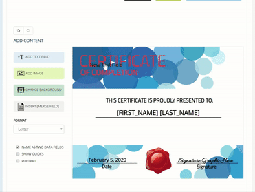 SimpleCert<sup>®</sup> Merge Field within TextField” width=”371″ height=”279″ /></p>
<p>**Be sure to preview your certificate after importing your data to proof that all the text fits in the field (<a href=