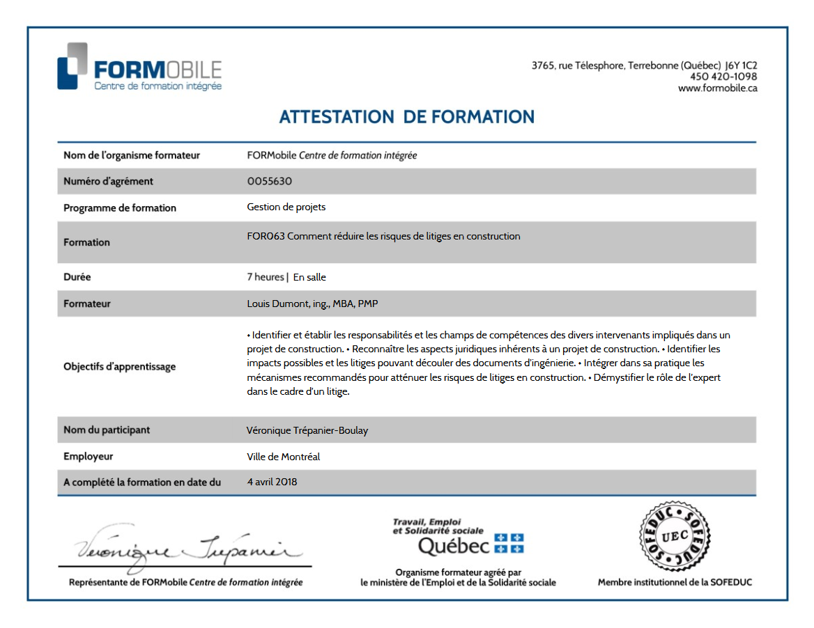 FORMobile Certificate of Training