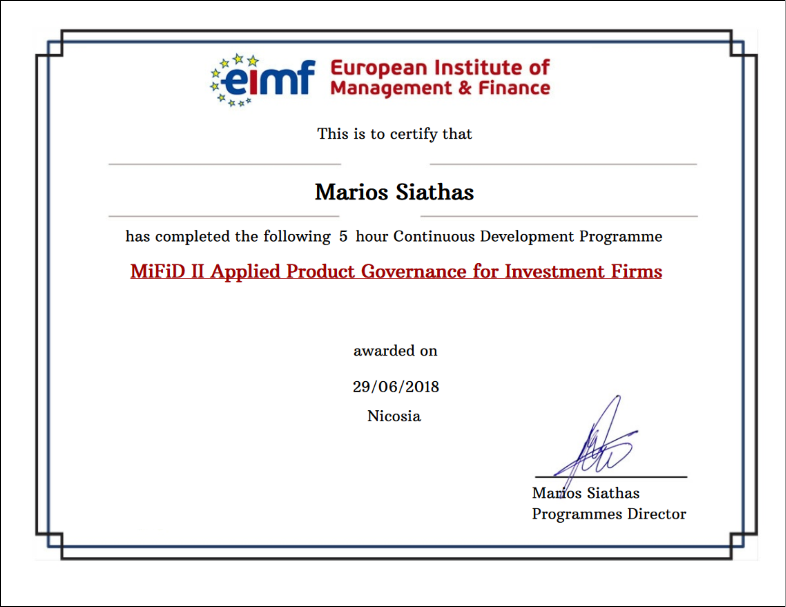 EIMF SimpleCert® Certificate