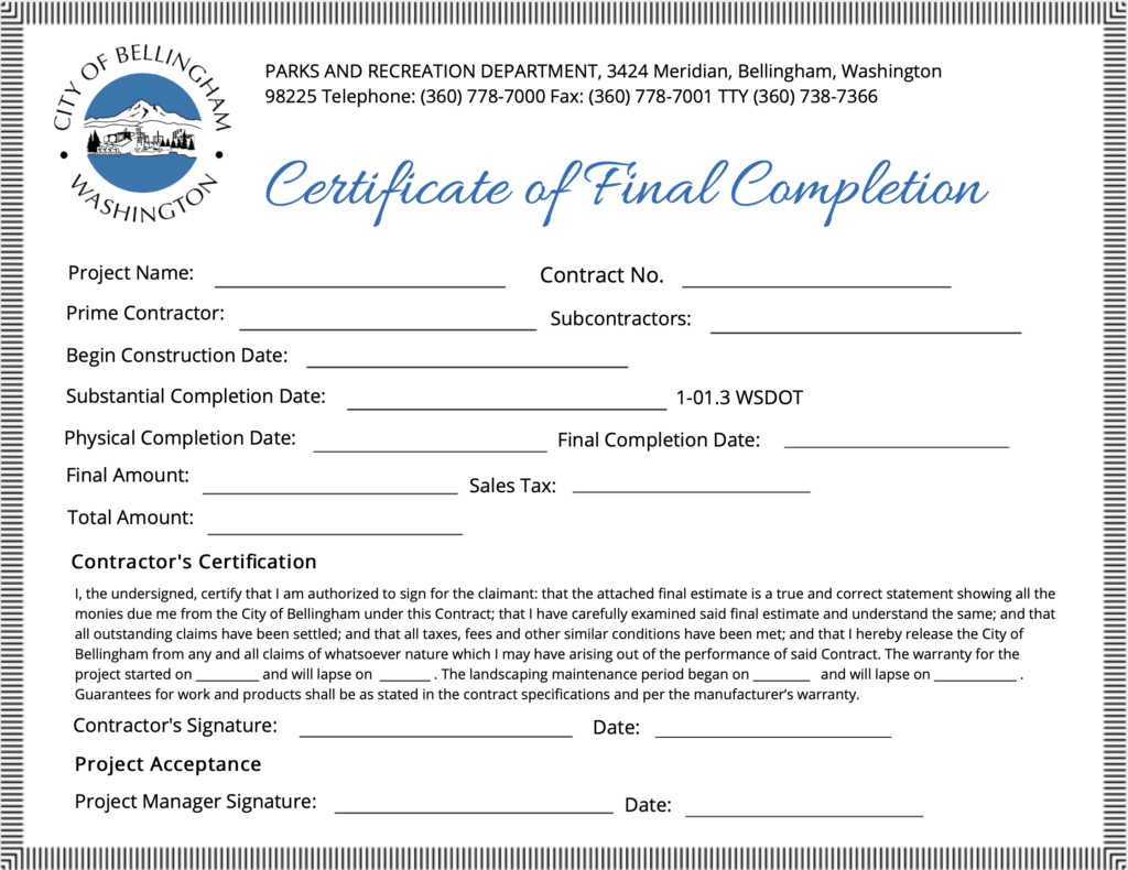 certificate of completion construction templates