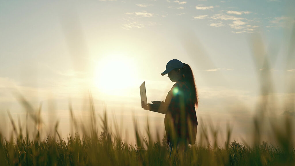 Silhouette of a farmer holding their laptop while walking through a crop field.