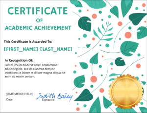 fun school certificate of academic achievement with leaves and gold stamp