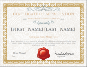 custom classic certificate of appreciation with patterned background and red seal