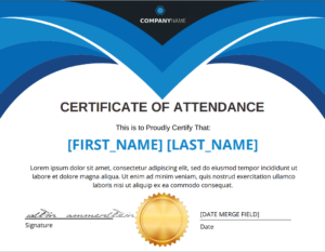blue and black Certificate of Attendance with gold stamp