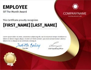 Custom red and gold certificate employee of the month award