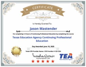 Texas TEA CPE Continuing Education Certificate