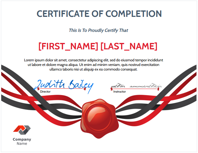 professional certificate of completion with red and black ribbons